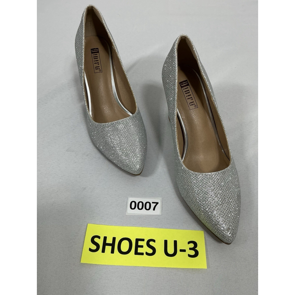 Woman’s NWOT Idifu Slipon Pumps 5.5 Silver Sparkly Pointed Toe Block Heel U-3/7